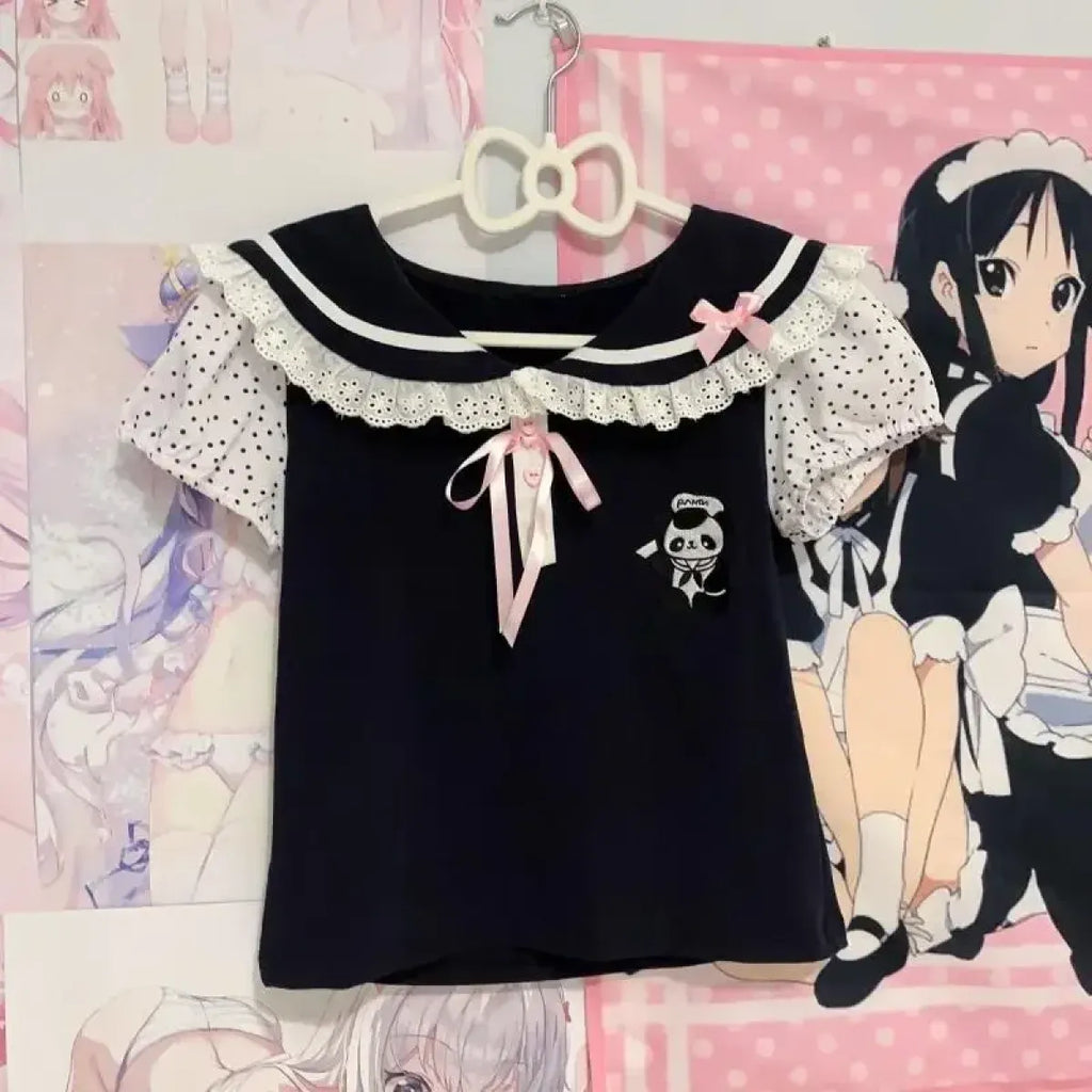 Y2K Lace T-shirt - Kawaii Cartoon Embroidery Graphic Tee