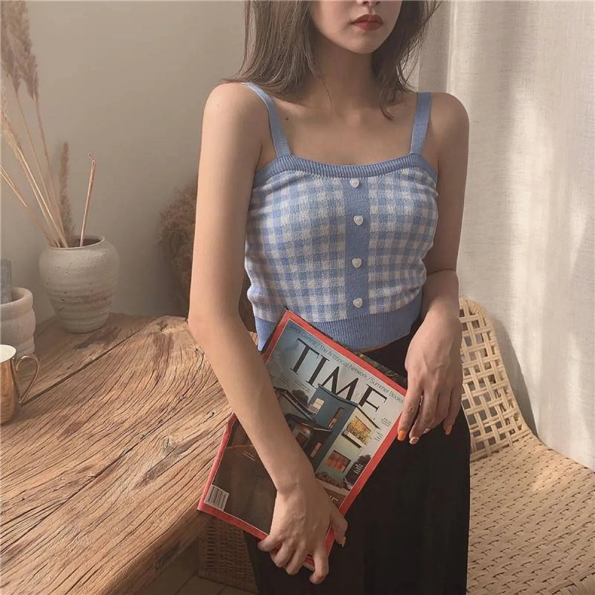 Knitted Plaid Crop Top