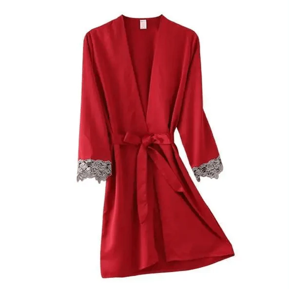 Lightweight Pink Women Sleepwear Classic Design Silk Bathrobe Lace Trim Bridesmaid Bride Party Robes