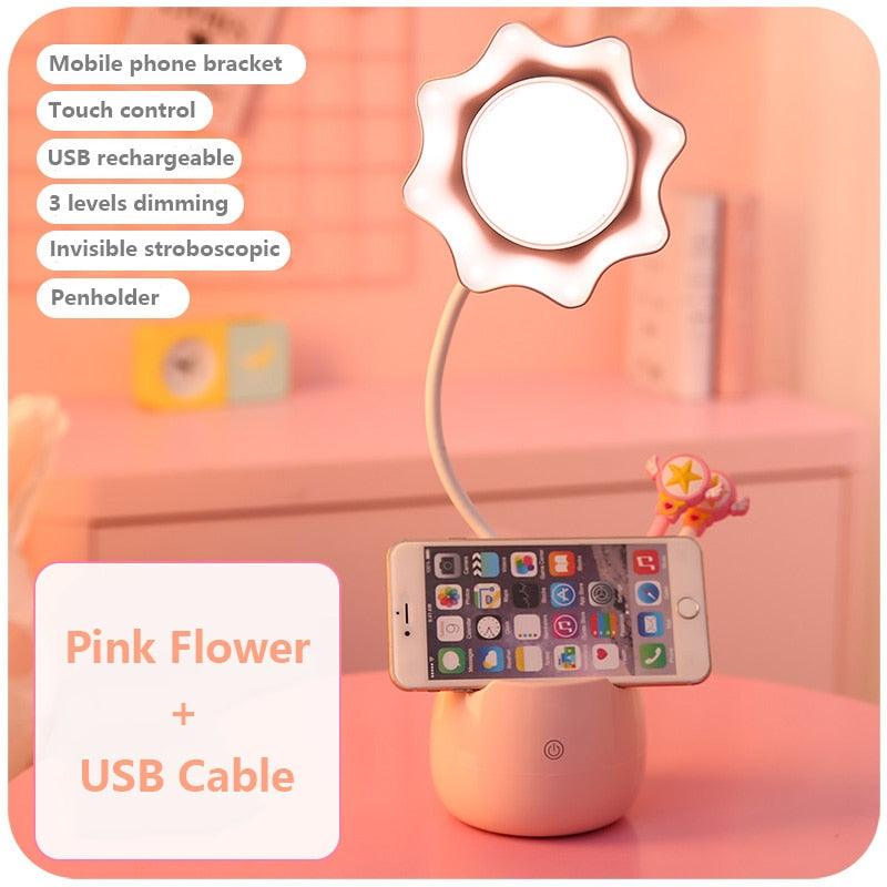 Lovely 3 Levels Dimmer Reading Table Lamp Pen Case Base Student LED Desk Lamp Girls Charge Bedside Lamp for Bedroom Studyroom Cute Study Lamps for Bedroom Décor