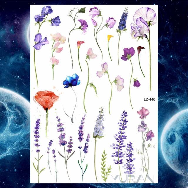 Luxury Colorful Flower Lavender Waterproof Temporary Tattoos Animals Arm Chest Tattoo Stickers Elegant Summer Style For Womens Mens