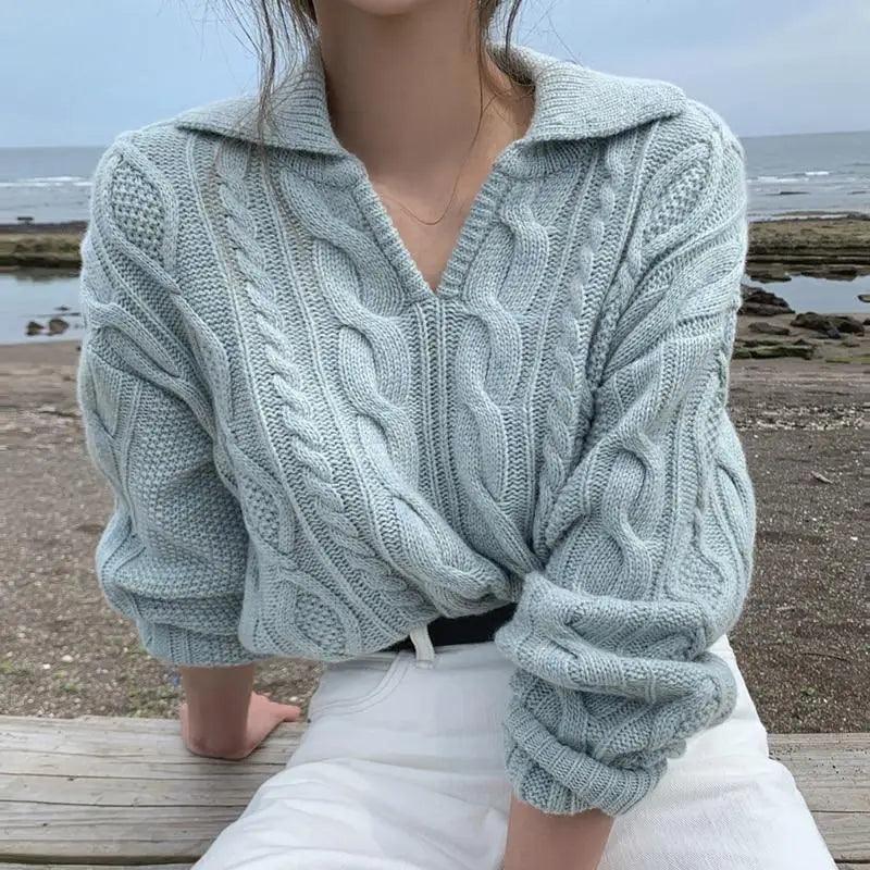 Luxury Kitty Retro Women Sweater Pullovers Knitted Casual Solid Autumn Turn-down Collar Feminine Loose All Match Soft Sweet Tops