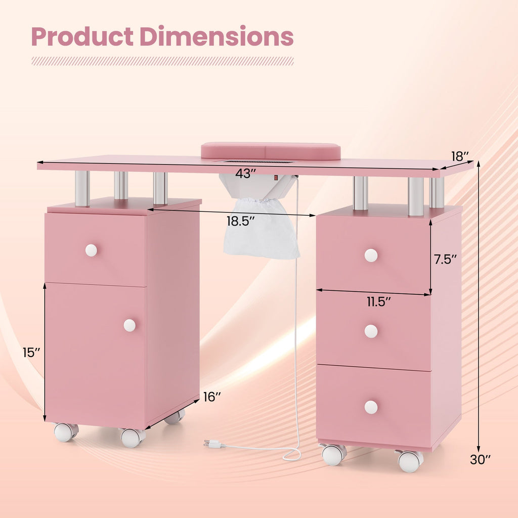Manicure Table Nail Desk with Electric Dust Collector and 3 Dust Bags-Pink