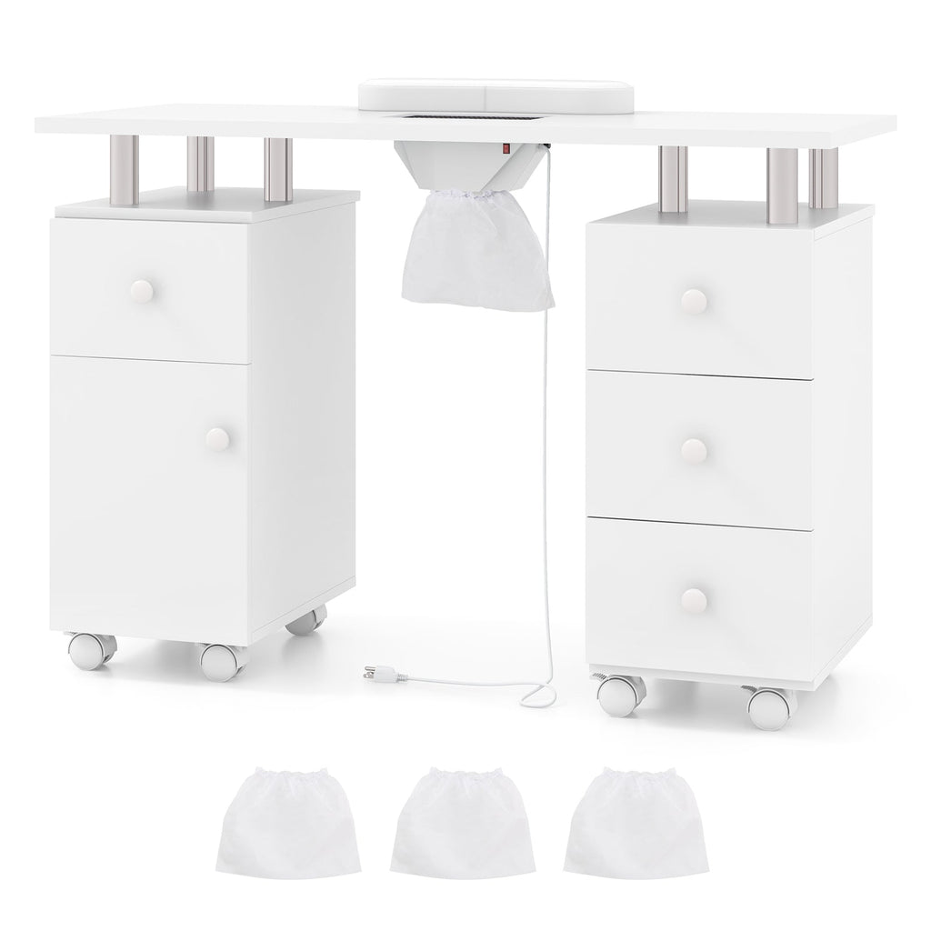 Manicure Table Nail Desk with Electric Dust Collector and 3 Dust Bags-White