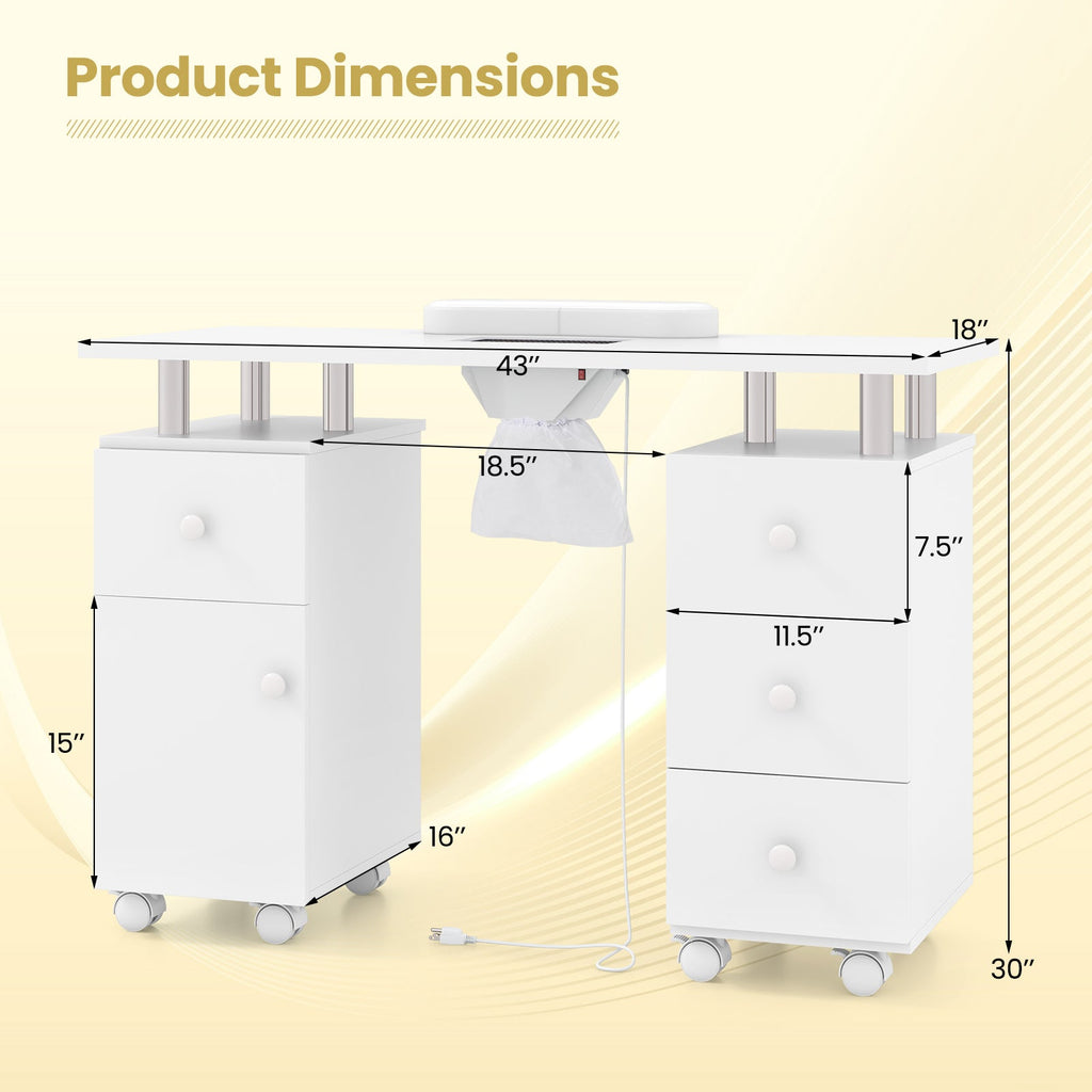 Manicure Table Nail Desk with Electric Dust Collector and 3 Dust Bags-White