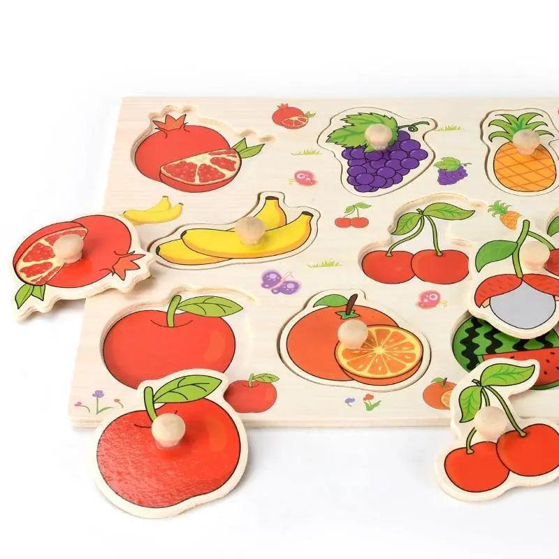 Montessori Wooden Puzzles Hand Grab Boards Toys Tangram Baby Educational Toys Cartoon Vehicle Animals Fruits 3D Puzzles