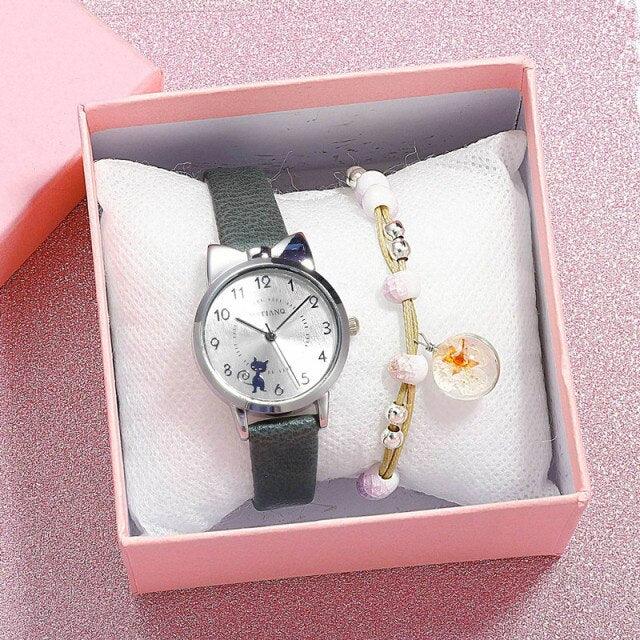 New Fashion Childrens Watch Analog Children Quartz Watch With Bracelet Set Little Cat Watch Kids Children Quartz Electronic Watch Unisex Wrist Leather Strap Watches