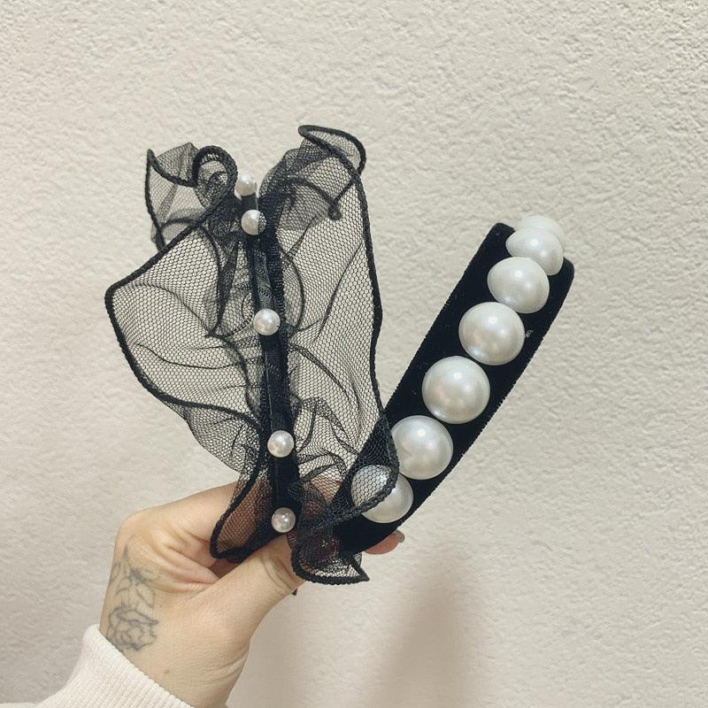 New Fashion Solid Color Gauze Pearl Bohemia Hairband Hairpin Headwear Girls Woman Oversized Headband Bezel Gorgeous Hair Accessories For Women