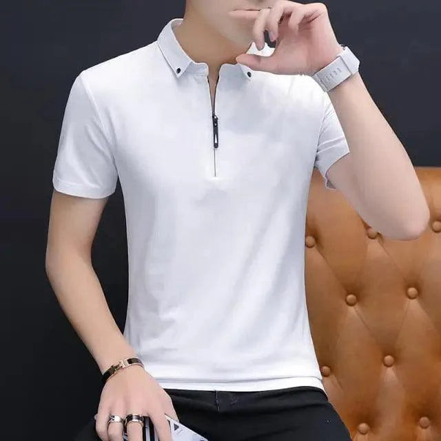 New Modern Summer Casual Polo Shirt Men Short Sleeve Turn Down Collar Elegant Slim Fit Solid Color Polo Shirt For Men Plus Size Men's Short Sleeve Cotton Pique Polo Shirt in Regular Fit