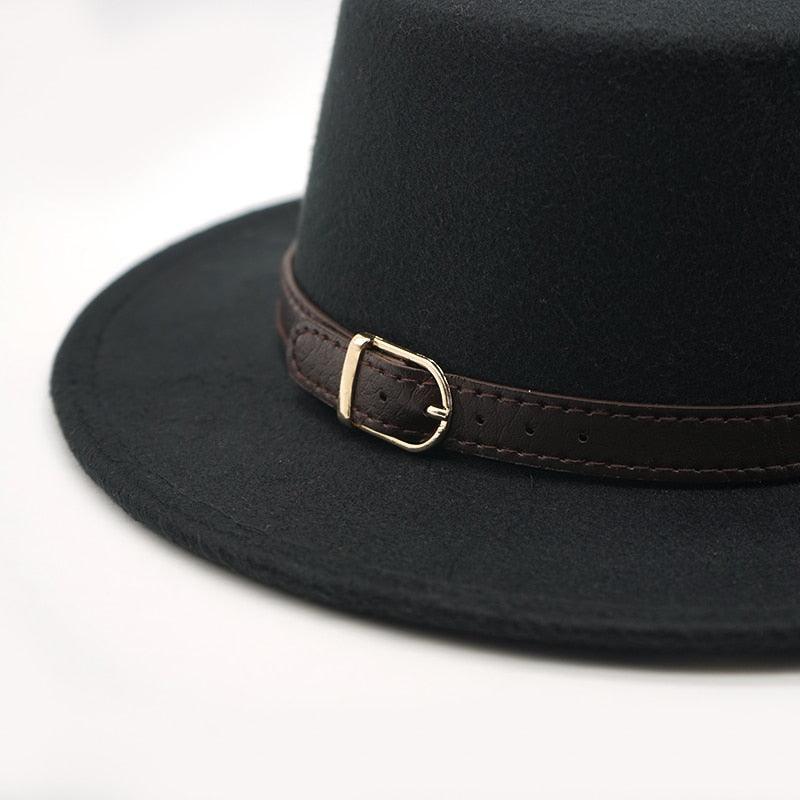 One Size New Retro Winter Autumn Women Men Top Hat Cotton Warm Winter Hat Solid Color Wide Brim Straight Sides Hat Fedora Hat Luxury Fedora Hats With Belt Buckle Elegant Flat Brim Hat