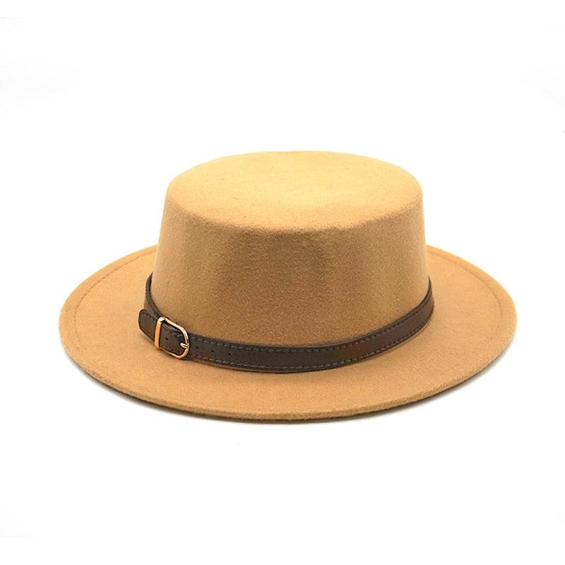 One Size New Retro Winter Autumn Women Men Top Hat Cotton Warm Winter Hat Solid Color Wide Brim Straight Sides Hat Fedora Hat Luxury Fedora Hats With Belt Buckle Elegant Flat Brim Hat