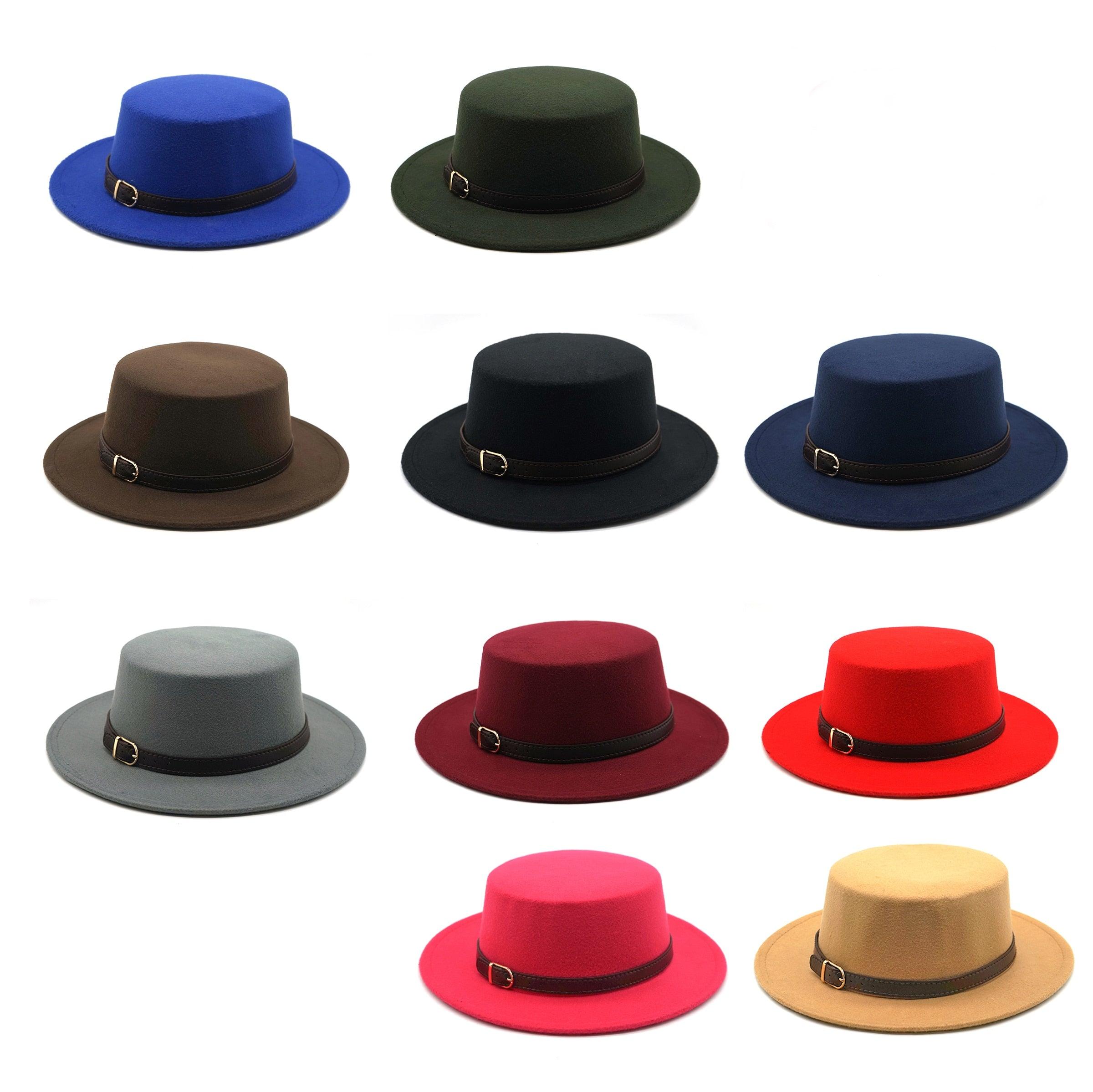 One Size New Retro Winter Autumn Women Men Top Hat Cotton Warm Winter Hat Solid Color Wide Brim Straight Sides Hat Fedora Hat Luxury Fedora Hats With Belt Buckle Elegant Flat Brim Hat