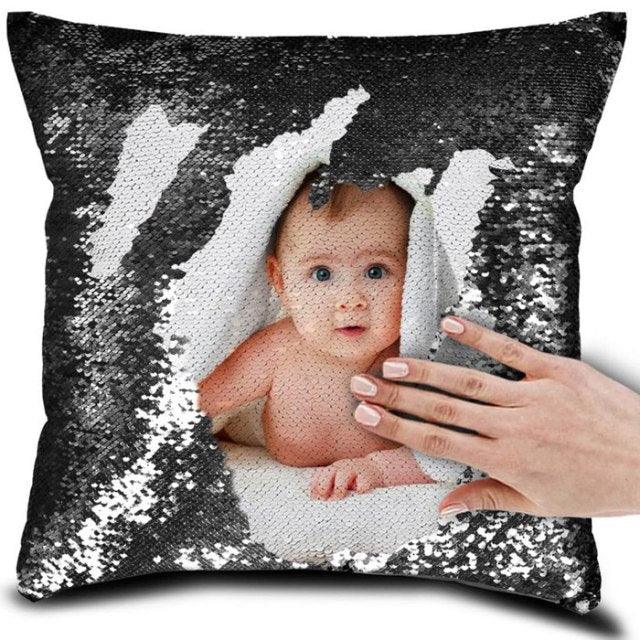 Personalised Sequin Pillow Cover Suede Fabric Cushion Cover Reveal Magic Gift Mother Of The Bride Groom Bridesmaid Baby Fun Flip Sequins Throw Pillow Cover Blue Black Couch Color Changing Decor Cushion Covers for Sofa 40X40cm