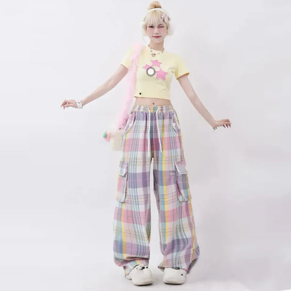Pastel Plaid Cargo Pants – Y2K Harajuku Streetwear Aesthetic