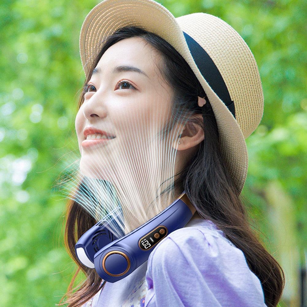 Portable Neck Fan USB Handheld Mute LED Digital Display Leafless Mini Electric Fan Colorful Atmosphere Lights 5th Gear For Rechargeable Personal Wearable Fan with Colorful Flashlight LED Digital Display And Low Noise
