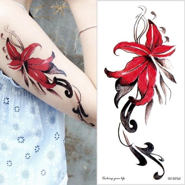 Waterproof Red Flowers Tattoo Multi-Colored Temporary Sticker Flower Lotus Tattoo Elegant Big Design For Womens