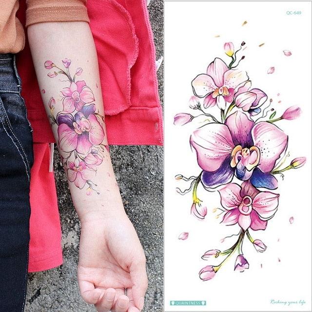 Waterproof Red Flowers Tattoo Multi-Colored Temporary Sticker Flower Lotus Tattoo Elegant Big Design For Womens