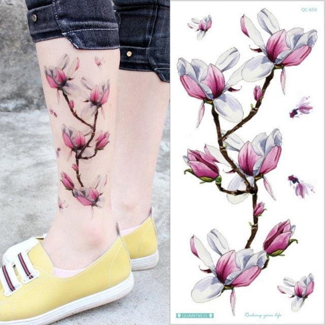 Waterproof Red Flowers Tattoo Multi-Colored Temporary Sticker Flower Lotus Tattoo Elegant Big Design For Womens