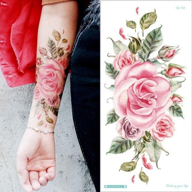 Waterproof Red Flowers Tattoo Multi-Colored Temporary Sticker Flower Lotus Tattoo Elegant Big Design For Womens