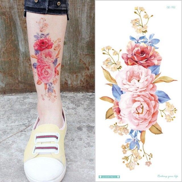 Waterproof Red Flowers Tattoo Multi-Colored Temporary Sticker Flower Lotus Tattoo Elegant Big Design For Womens