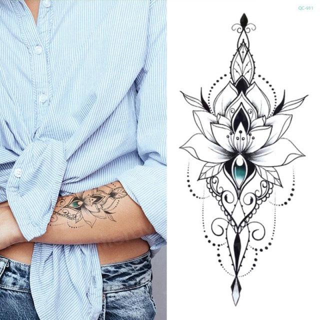 Waterproof Red Flowers Tattoo Multi-Colored Temporary Sticker Flower Lotus Tattoo Elegant Big Design For Womens
