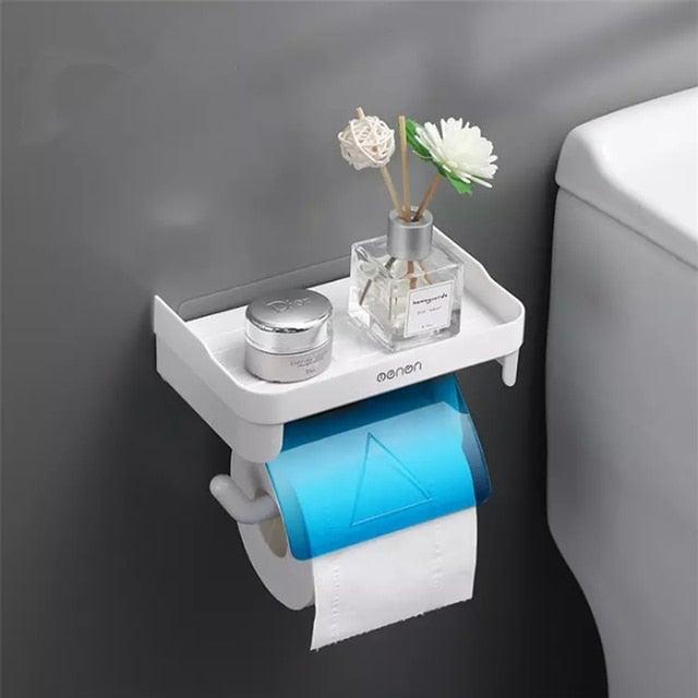 Creative Toilet Paper Roll Holder Shelf for Phone to Toilet Multi-function 3 Colors Phone Holder Stand Bathroom Accessories Self Adhesive No Drilling White Stick On Toilet Paper Holder With Storage Shelf For Bathroom