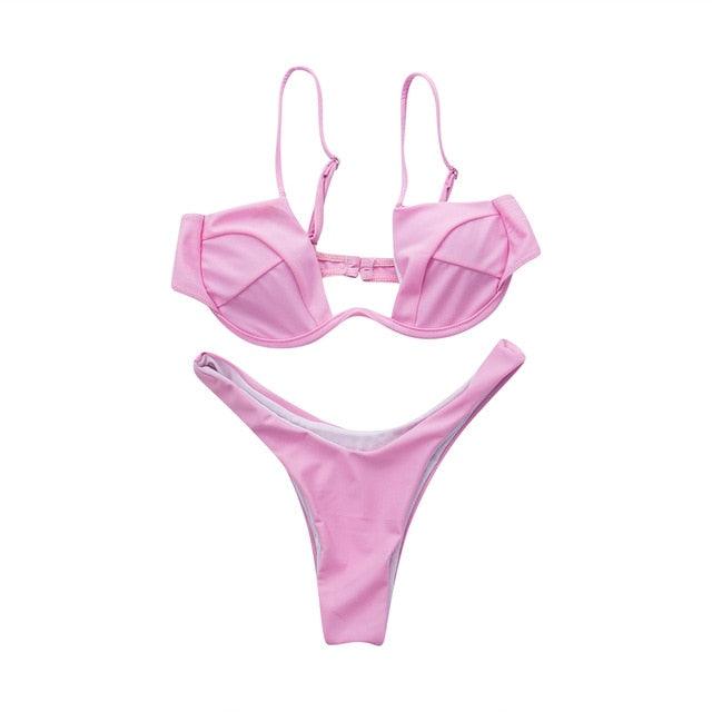 Push Up Unpadded Bikini Set Women 4 Colors Bandage Bikini Set Swimsuit Thong Bottom Swimwear Two Pieces Plain Bikini Bathing Suit Swimwear Bathing