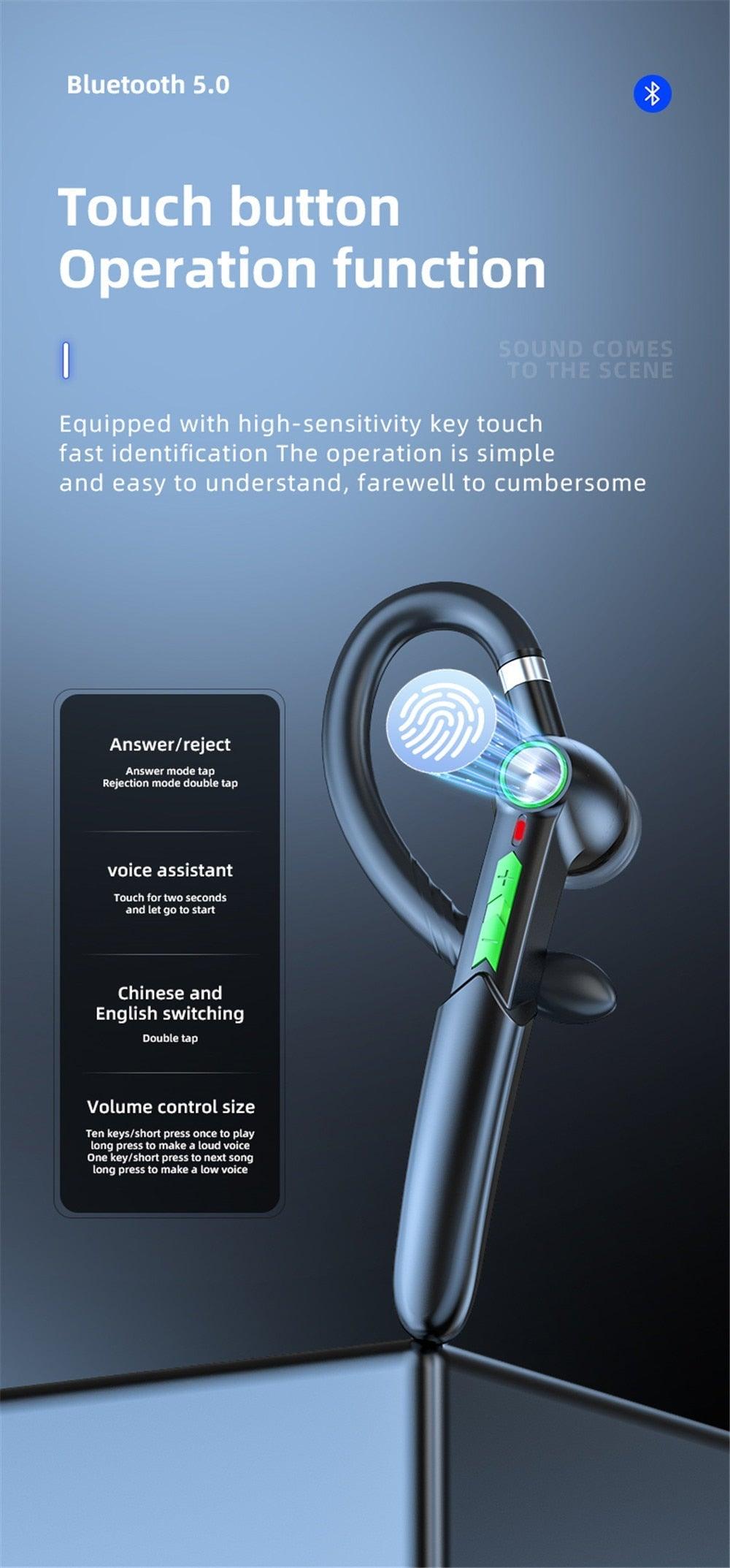 Single Wireless Bluetooth 5.0 Headset Handsfree HIFI Fingerprint Touch Hanging Ear Earphone for iPhone Waterproof Earpiece Ear Wireless Bluetooth Sport Headphones