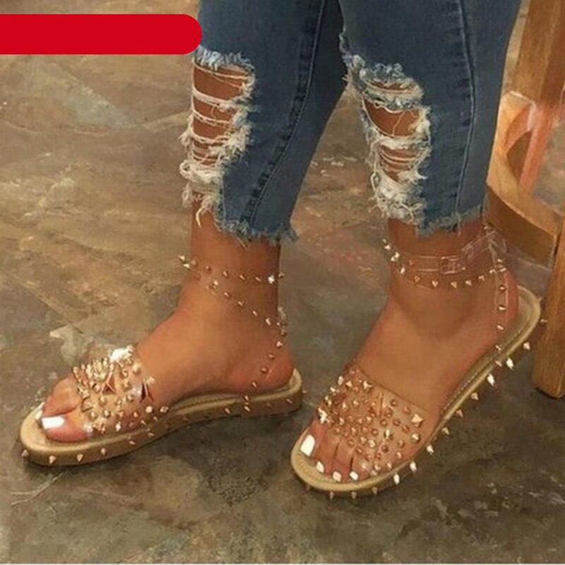 Summer Woman Transparent Buckle Strap Shoes Women's Sandals Cute Flat Dressy Summer Beach Flat Sandals Casual Open Toe Buckle Ankle Strap Sandals Shoes Flat Sandals Adjustable Buckle For Women