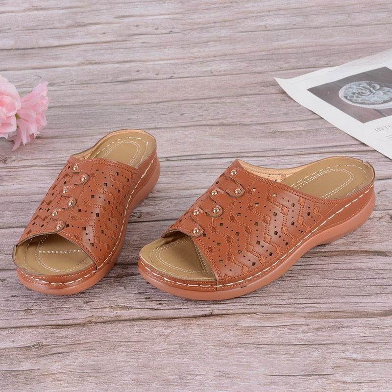 Summer Women Sandals Quality Open Toe Sandals Vintage Anti-slip Leather Casual Platform Retro Shoes Women Casual Sandals With Arch Support Straps Slip-On Sandals Outdoor Light Weight Sandals