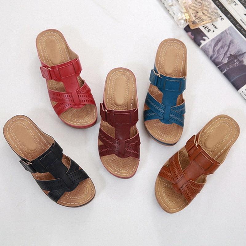 Summer Women Sandals Quality Open Toe Sandals Vintage Anti-slip Leather Casual Platform Retro Shoes Women Casual Sandals With Arch Support Straps Slip-On Sandals Outdoor Light Weight Sandals
