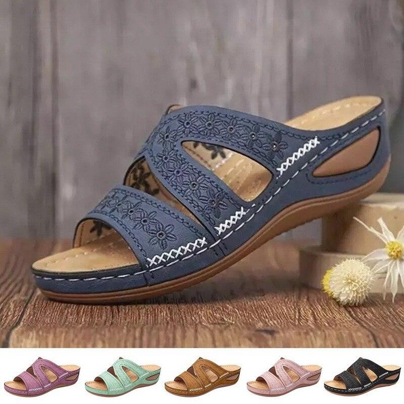 Summer Women Sandals Quality Open Toe Sandals Vintage Anti-slip Leather Casual Platform Retro Shoes Women Casual Sandals With Arch Support Straps Slip-On Sandals Outdoor Light Weight Sandals