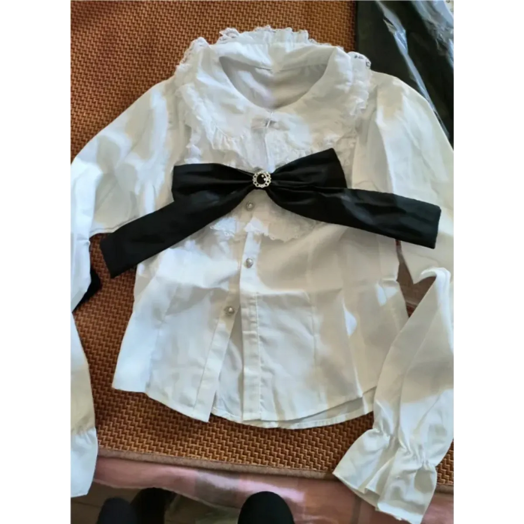 Black & White Sweet Lolita Blouse and Dress – Lace Ruffle Bow Detail