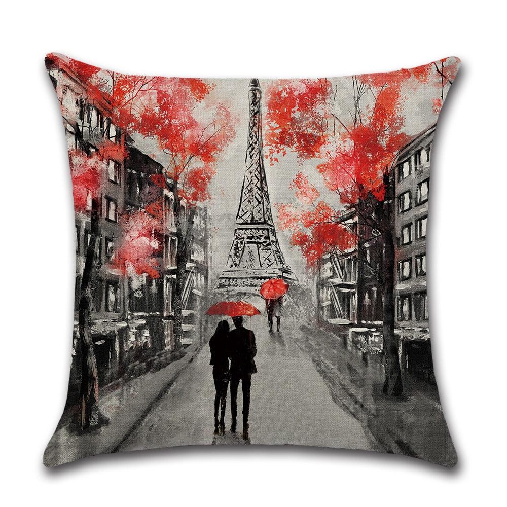 Throw Pillow Covers Valentine's Day Couple Theme Red City Landscape Printing Decorative Pillow Cover For Home Decoration Sofa Cushion Cover Black Red Color Eiffel Tower Big Ben Modern Couple Under Square Decorative Pillow Case Home Decor 45X45CM