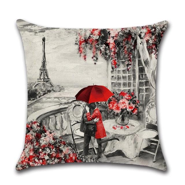 Throw Pillow Covers Valentine's Day Couple Theme Red City Landscape Printing Decorative Pillow Cover For Home Decoration Sofa Cushion Cover Black Red Color Eiffel Tower Big Ben Modern Couple Under Square Decorative Pillow Case Home Decor 45X45CM