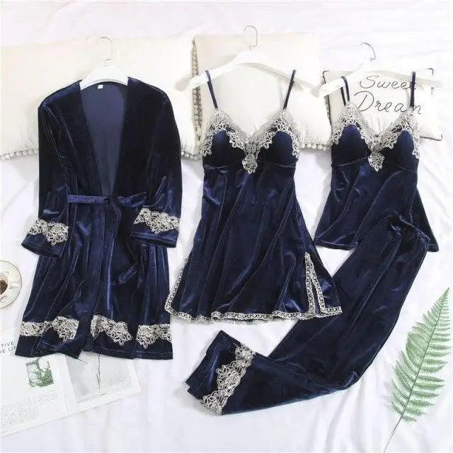 Trendy New Four Pieces Warm Winter Pajamas Sets Women Stylish Lace Robe Pajama Sleepwear Suit Sleeveless Nightwear Women's Sleepwear Set 4-Piece Women's Pajamas Elegant Comfortable Loungewear Satin Sleepwear with Robe Nightgown Pants