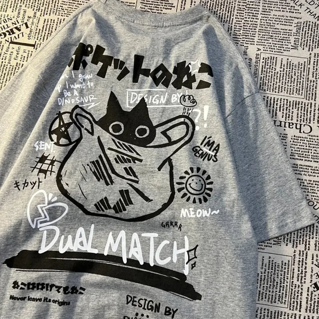Cute Anime Cat T-Shirt – Vintage Aesthetic Harajuku Kawaii Top