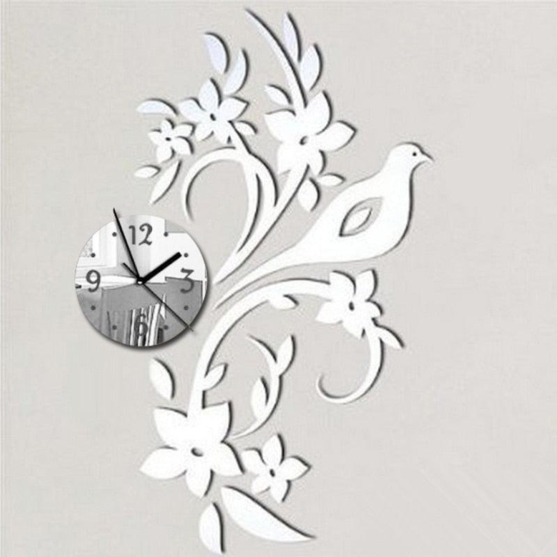 Wall Clock Modern Bird Design 3D Acrylic Mirror Living Room Quartz Needle 3D Clock Acrylic Mirror Wall Clock Decor Sticker Irregular Clock Wall Art Decals Wallpaper Home Decor for Living Room Bedroom Decoration