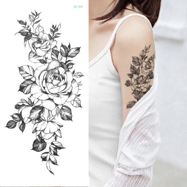 Waterproof Red Flowers Tattoo Multi-Colored Temporary Sticker Flower Lotus Tattoo Elegant Big Design For Womens