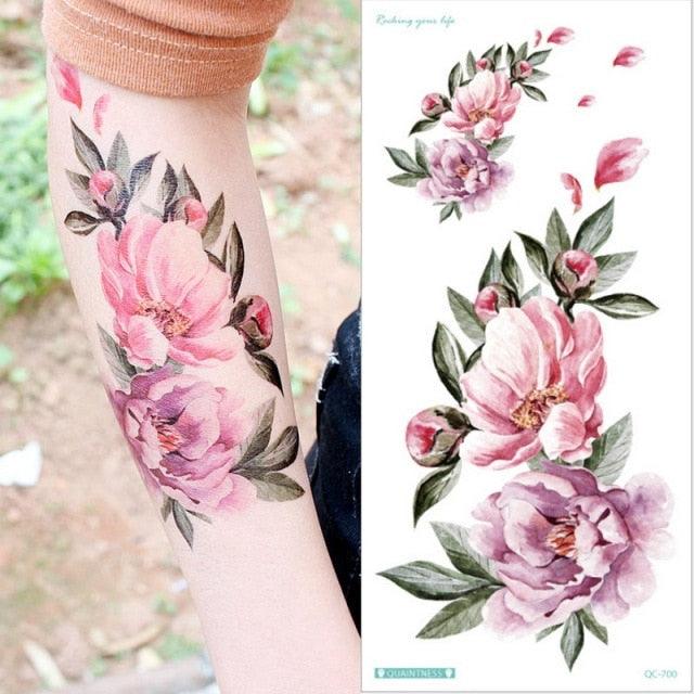 Waterproof Red Flowers Tattoo Multi-Colored Temporary Sticker Flower Lotus Tattoo Elegant Big Design For Womens