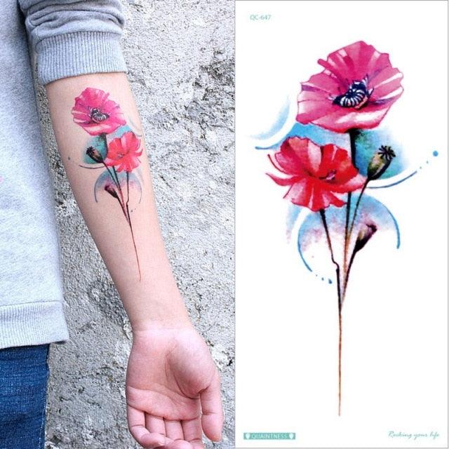Waterproof Red Flowers Tattoo Multi-Colored Temporary Sticker Flower Lotus Tattoo Elegant Big Design For Womens