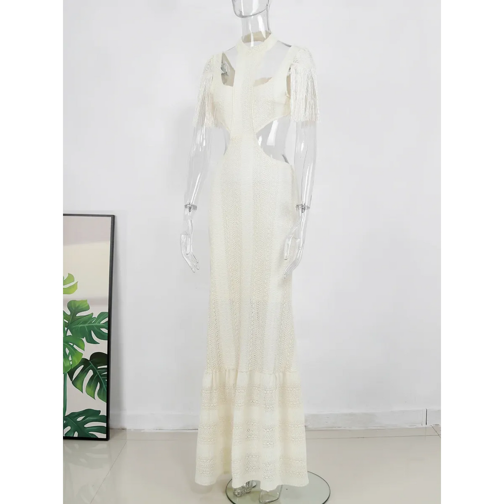 White Lace Turtleneck Dress: Sexy Slim Fit with Tassel Sleeves