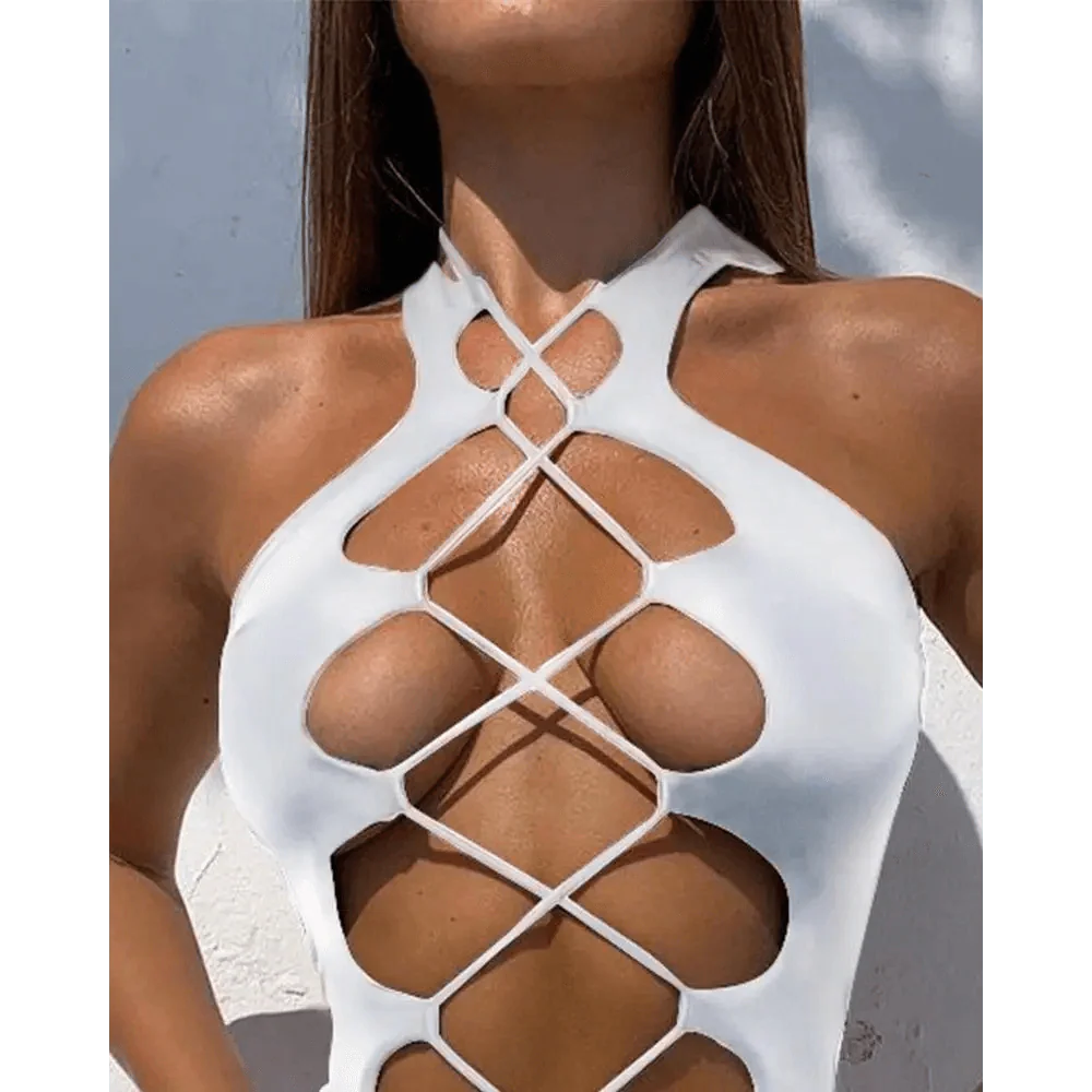 White One Piece Women Fashion Lace-up Plunge Swimsuit Sleeveless Solid Swimwear For Girls