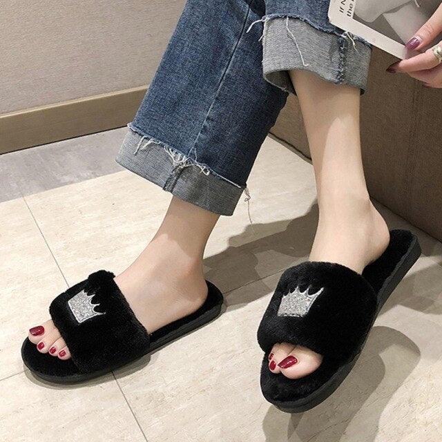 Women Fur Slippers Summer Home Flat Fur Slides For Women Fluffy Shoes Glitter Women' Casual Shoes House Slippers With Arch Support Slip-On Slippers For Women Flat Sandals
