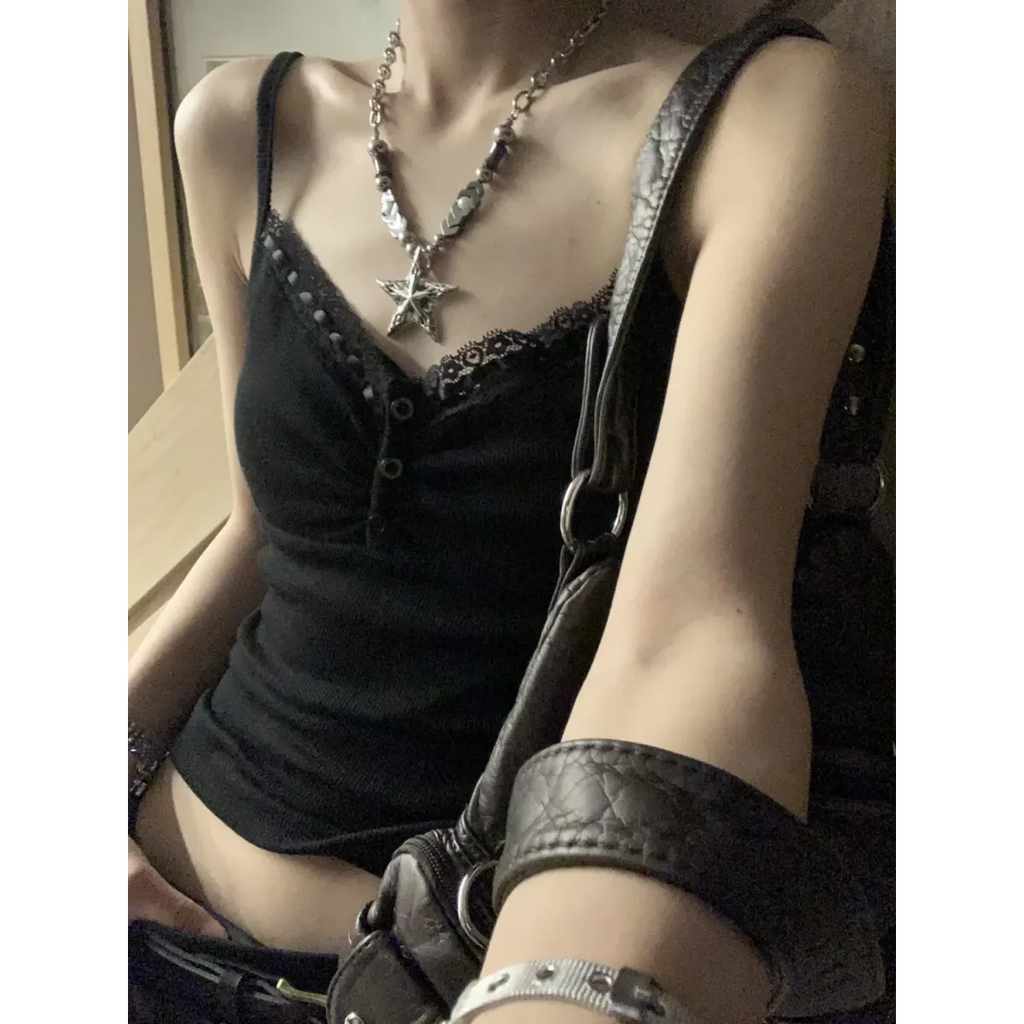 Black Lace Trim Tank Top – Y2K Gothic Coquette Punk Grunge Crop Top
