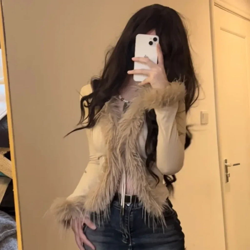 Faux Fur Trim Cardigan – Y2K Gothic Punk Knit Top
