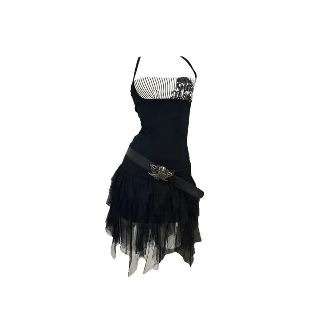 Y2K Punk Cami – Pinstripe Patchwork Gothic Tank