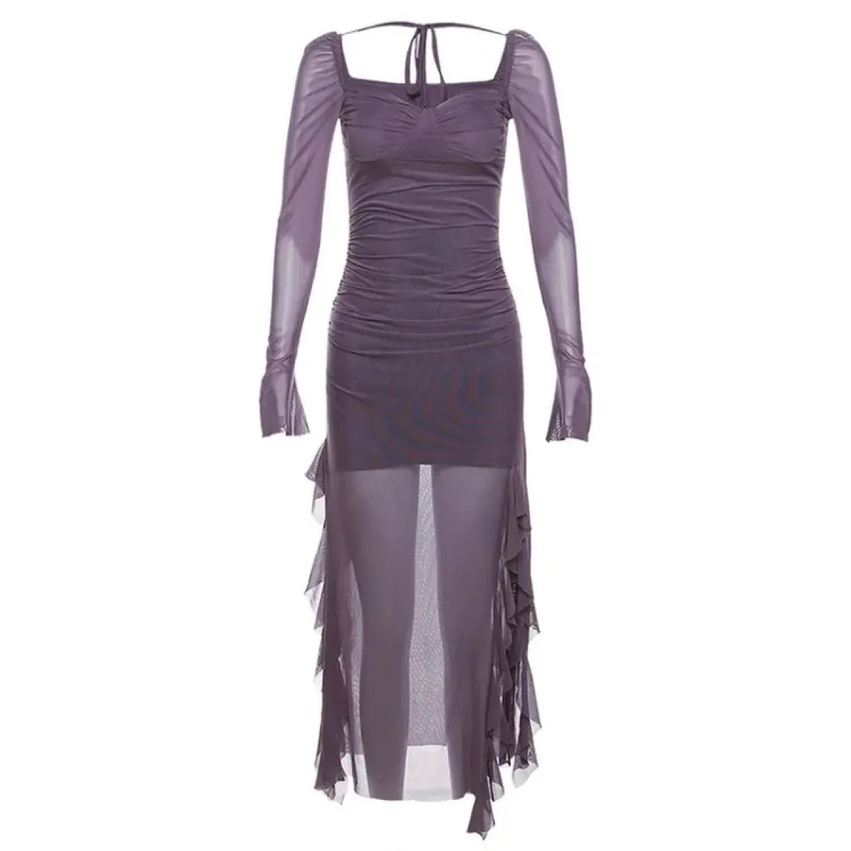Sheer Mesh Ruffle Dress – Y2K Slim Fit High Slit Aesthetic