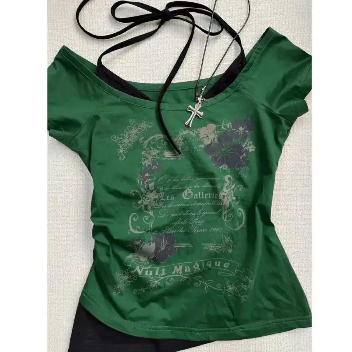 Y2K Vintage Fairycore Top – Off-Shoulder Layered Tee