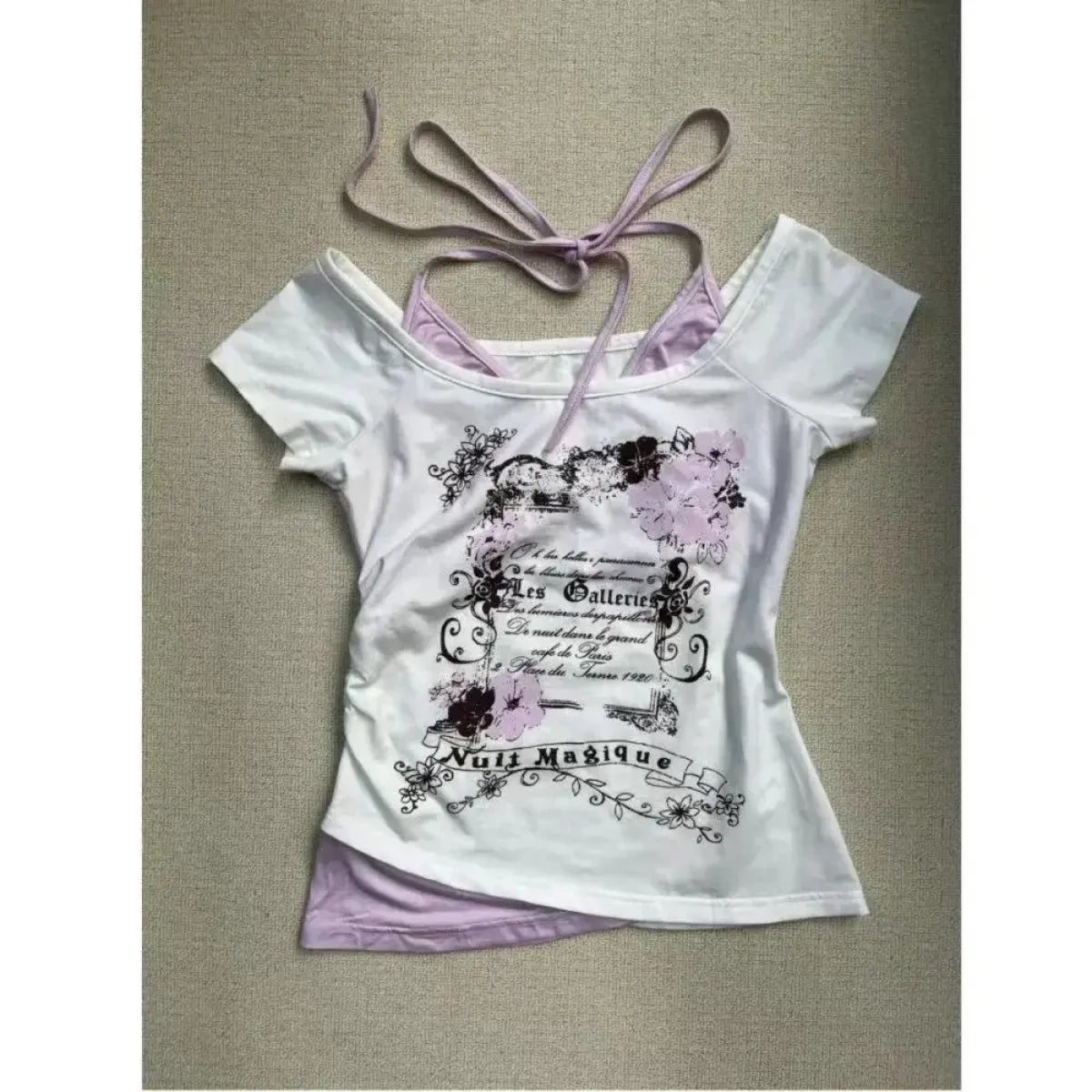 Y2K Vintage Fairycore Top – Off-Shoulder Layered Tee